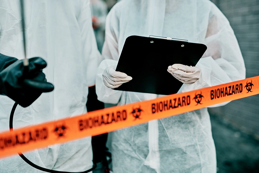two workers inspecting a biohazard area